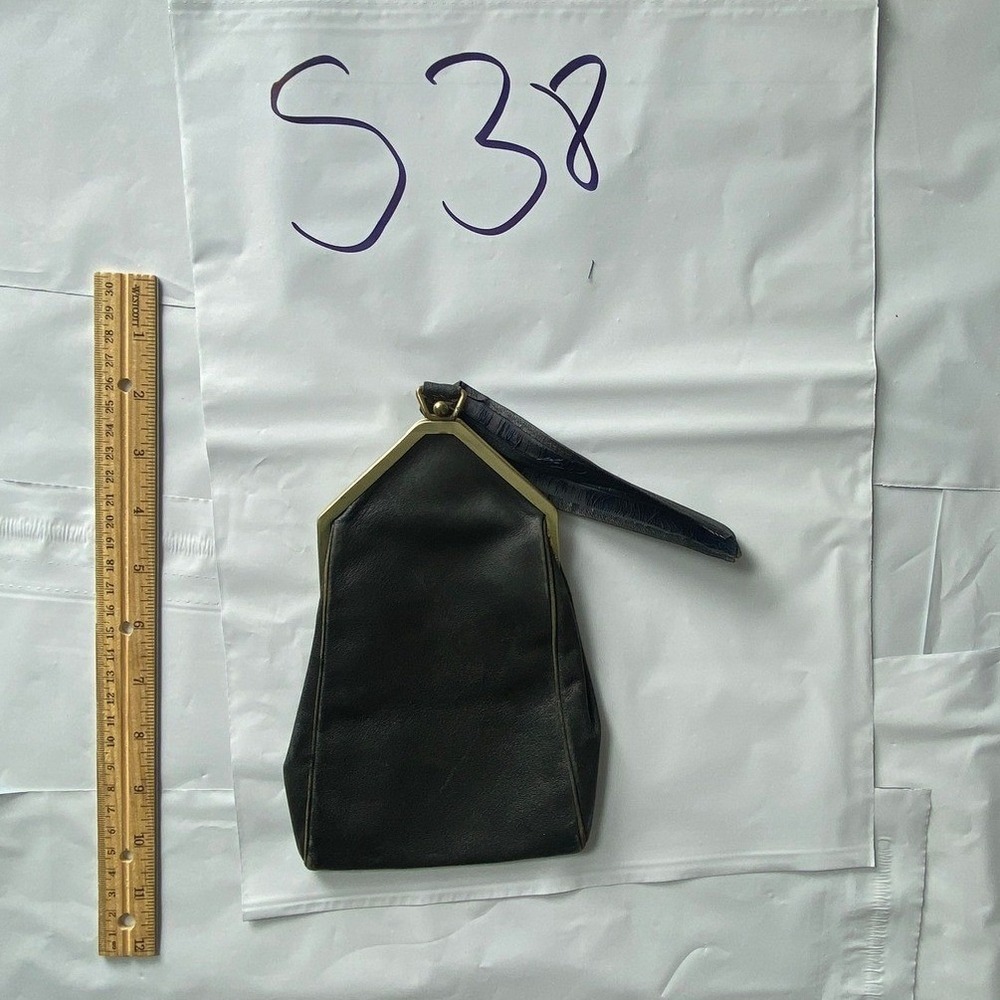 Vintage Black Leather Kiss Lock Clutch Evening Bag